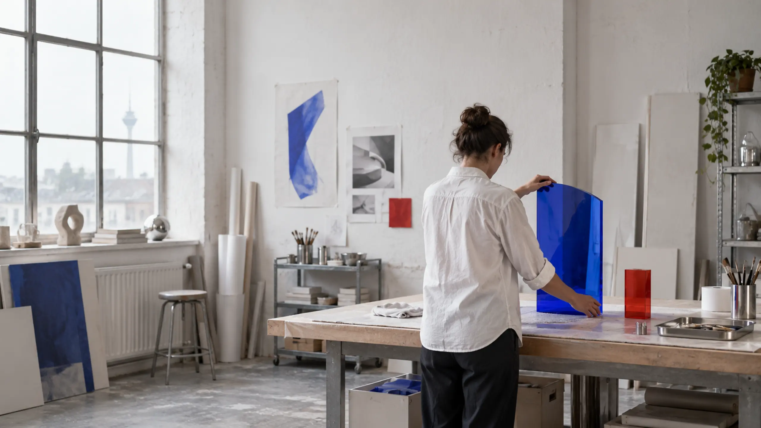 Fiktive Künstlerin arbeitet von hinten gesehen in einem hellen Düsseldorfer Atelier an einer blauen Resin-Skulptur.