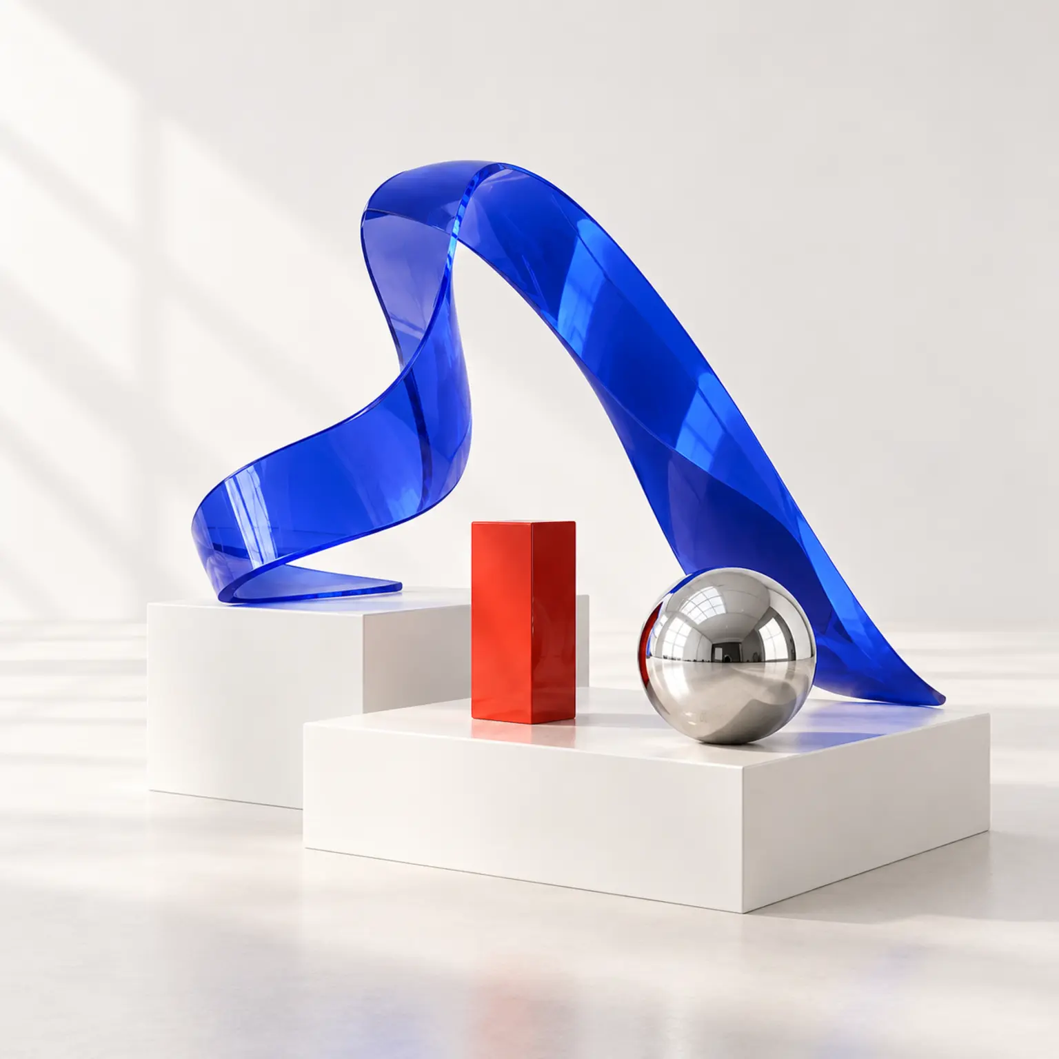 Drei abstrakte Arbeiten aus ultramarinblauem Resin, rotem Lack und poliertem Chrom auf weißen Sockeln.