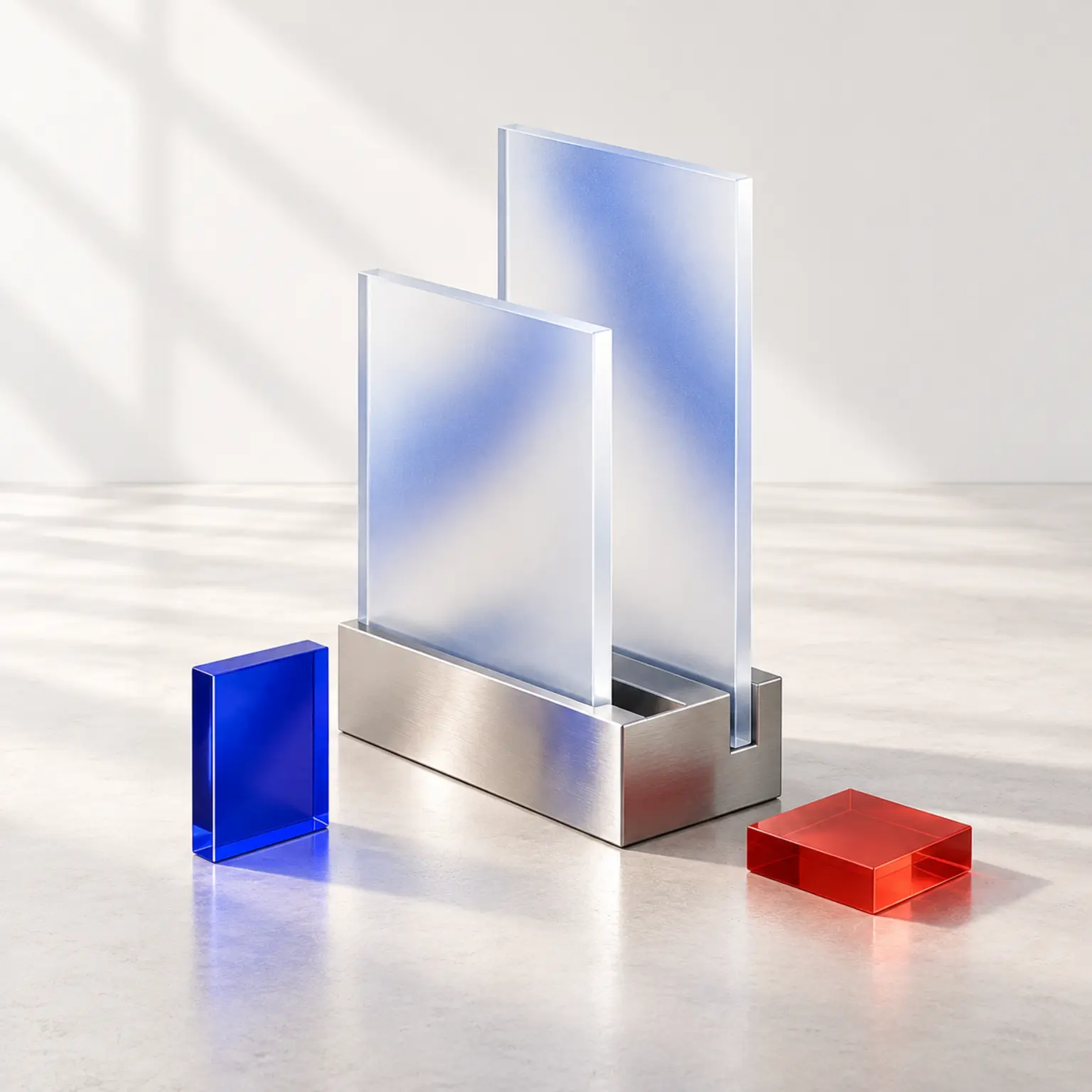 Zwei transluzente Acrylflächen in einem präzisen Metallfuß mit blauer und roter Materialprobe.
