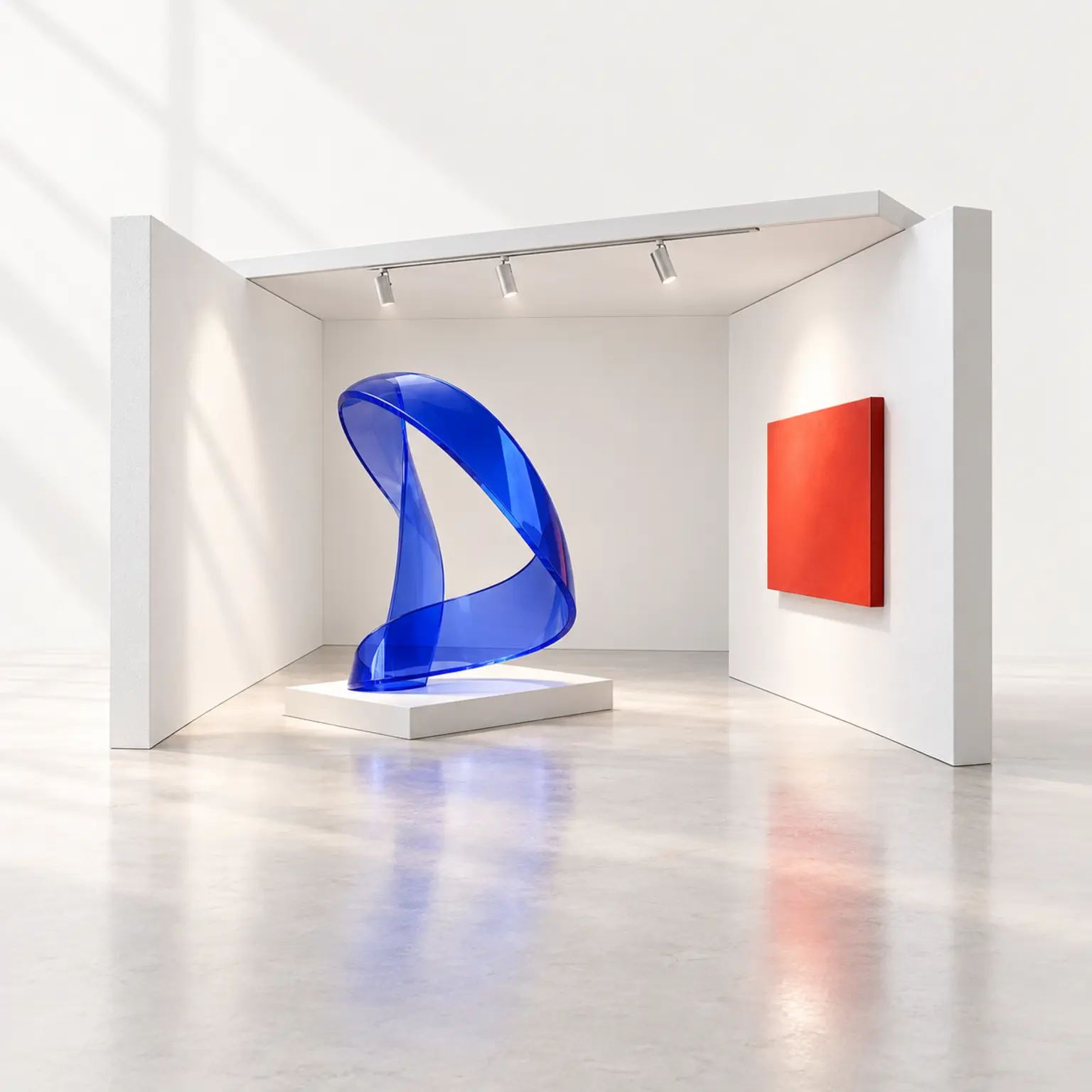 Architekturmodell einer weißen Ausstellung mit blauer Skulptur und roter Wandarbeit.