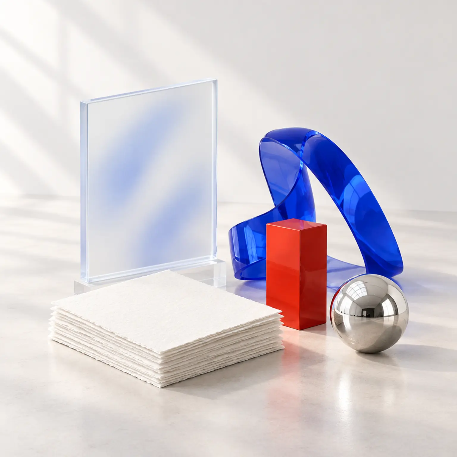 Kleine skulpturale Editionen aus Resin, rotem Lack und Chrom neben handgeschöpftem Papier.