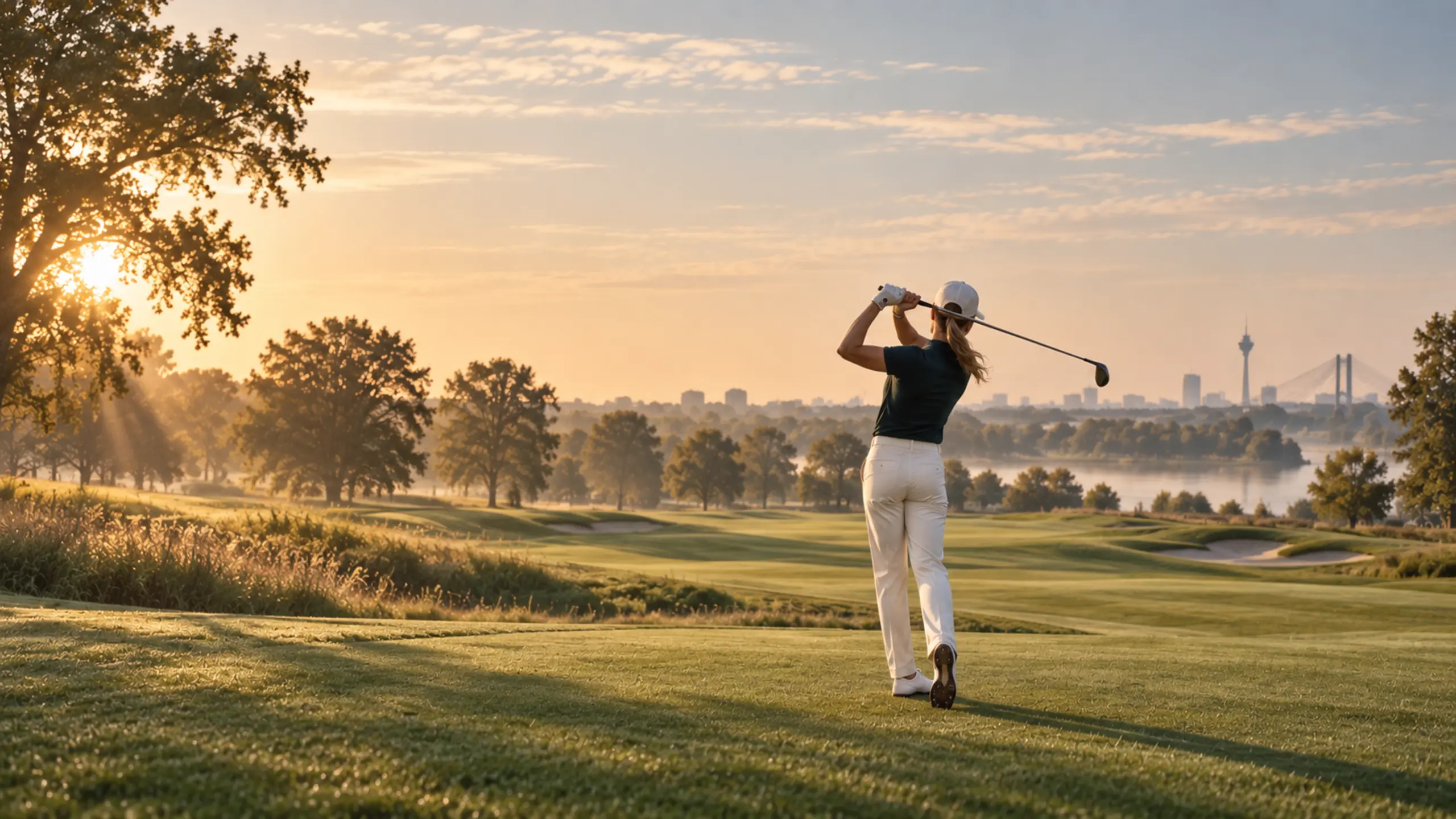 Fiktive Golferin nach dem Abschlag in warmem Abendlicht über dem Fairway.