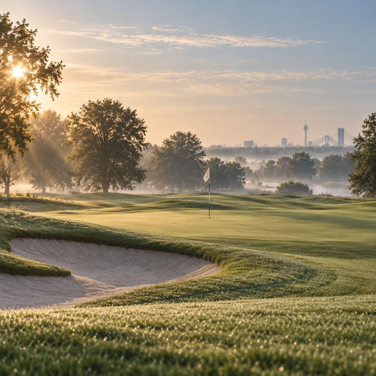Taufrühes Grün mit Bunker, Fahne und weitem Blick über eine fiktive Golfanlage.