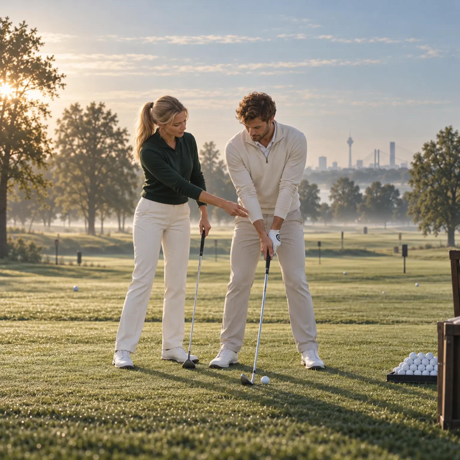 Fiktive Golftrainerin erklärt einem erwachsenen Spieler die Handposition am Schläger.