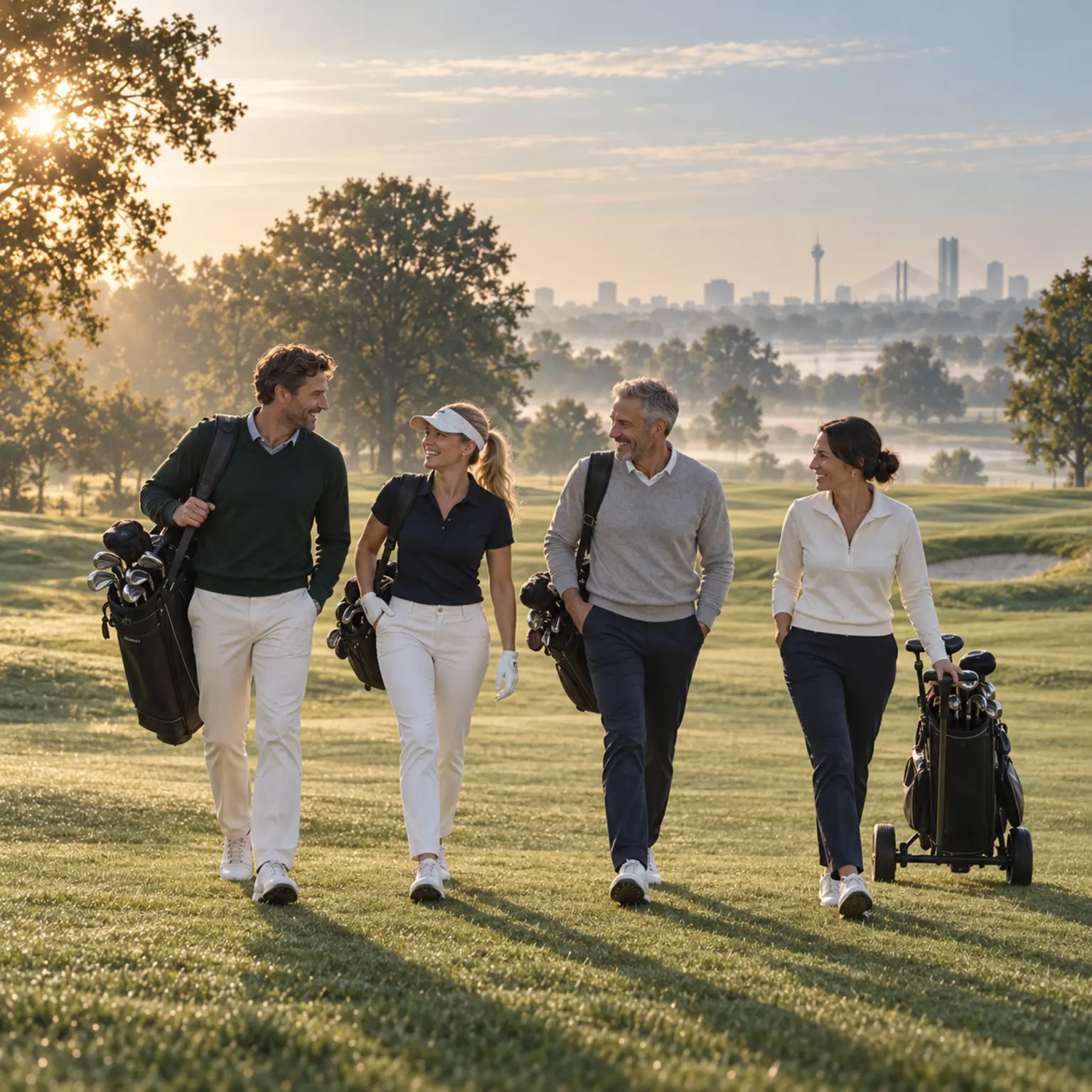 Vier fiktive Clubmitglieder gehen nach einer Runde gemeinsam über das Fairway.