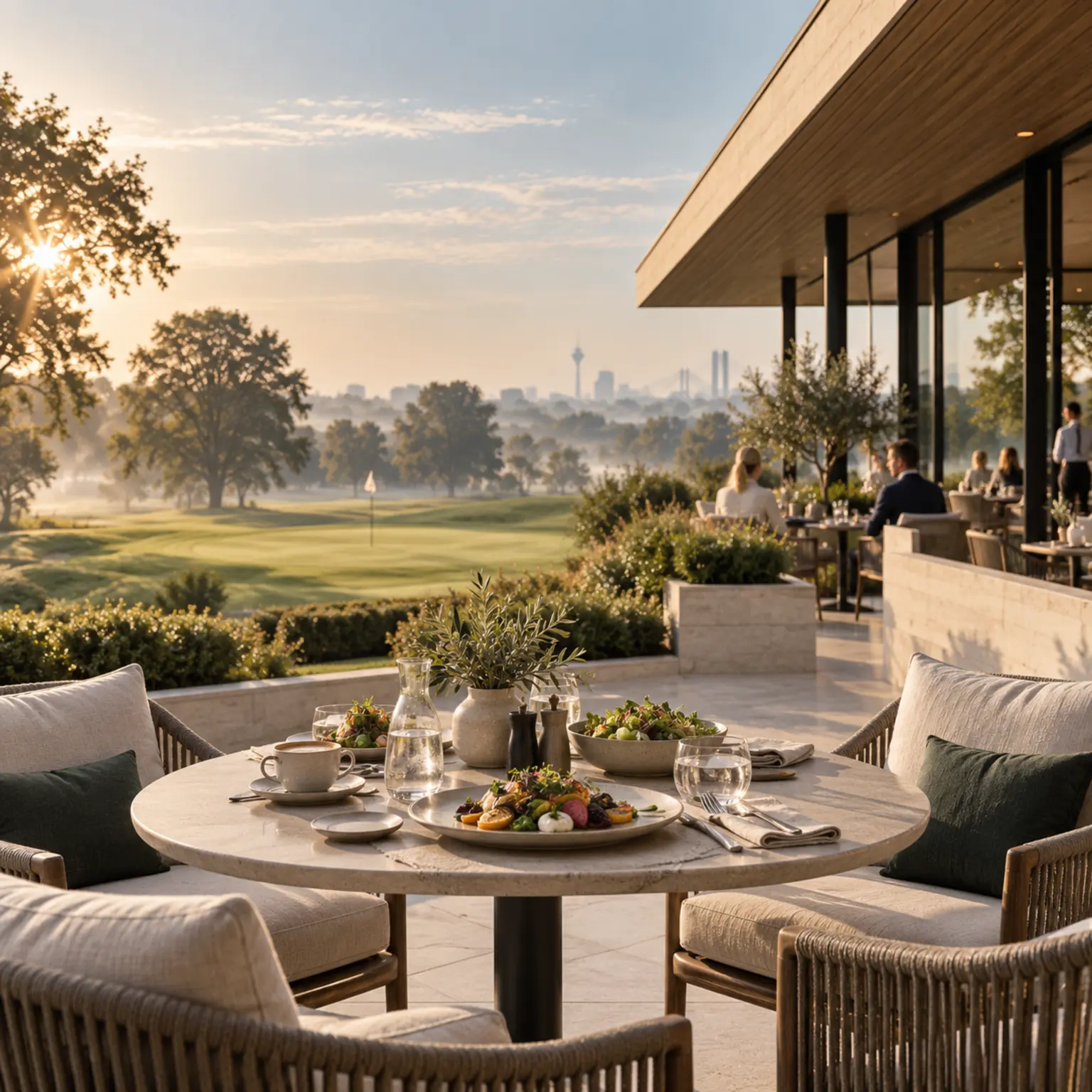 Moderne fiktive Clubhausterrasse mit gedecktem Tisch und Blick auf das Grün.