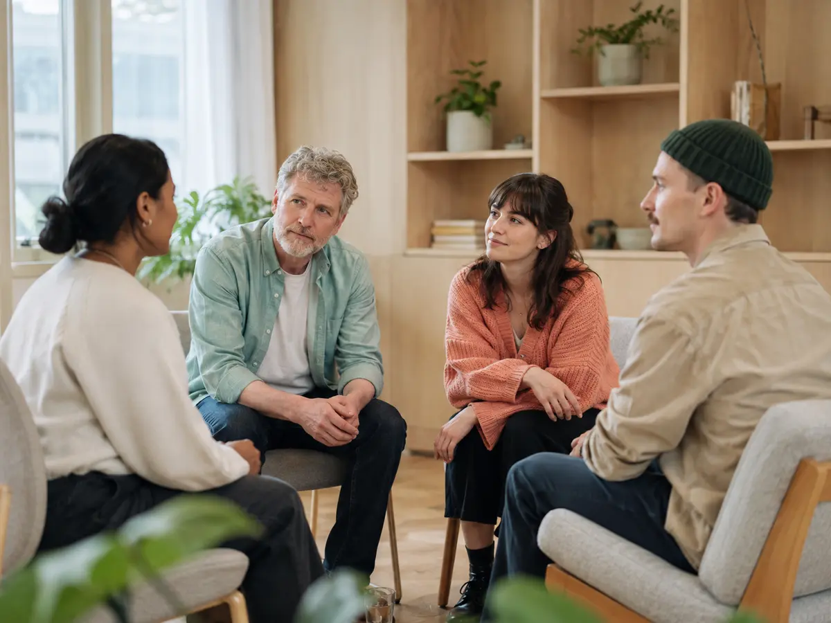 Kleine diverse Gruppe im Gespräch in einem freundlichen, modernen Raum.