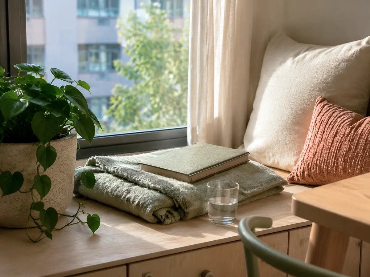 Ruhiger Fenstersitz mit Pflanze, Decke und einem geschlossenen Tagebuch im Morgenlicht.