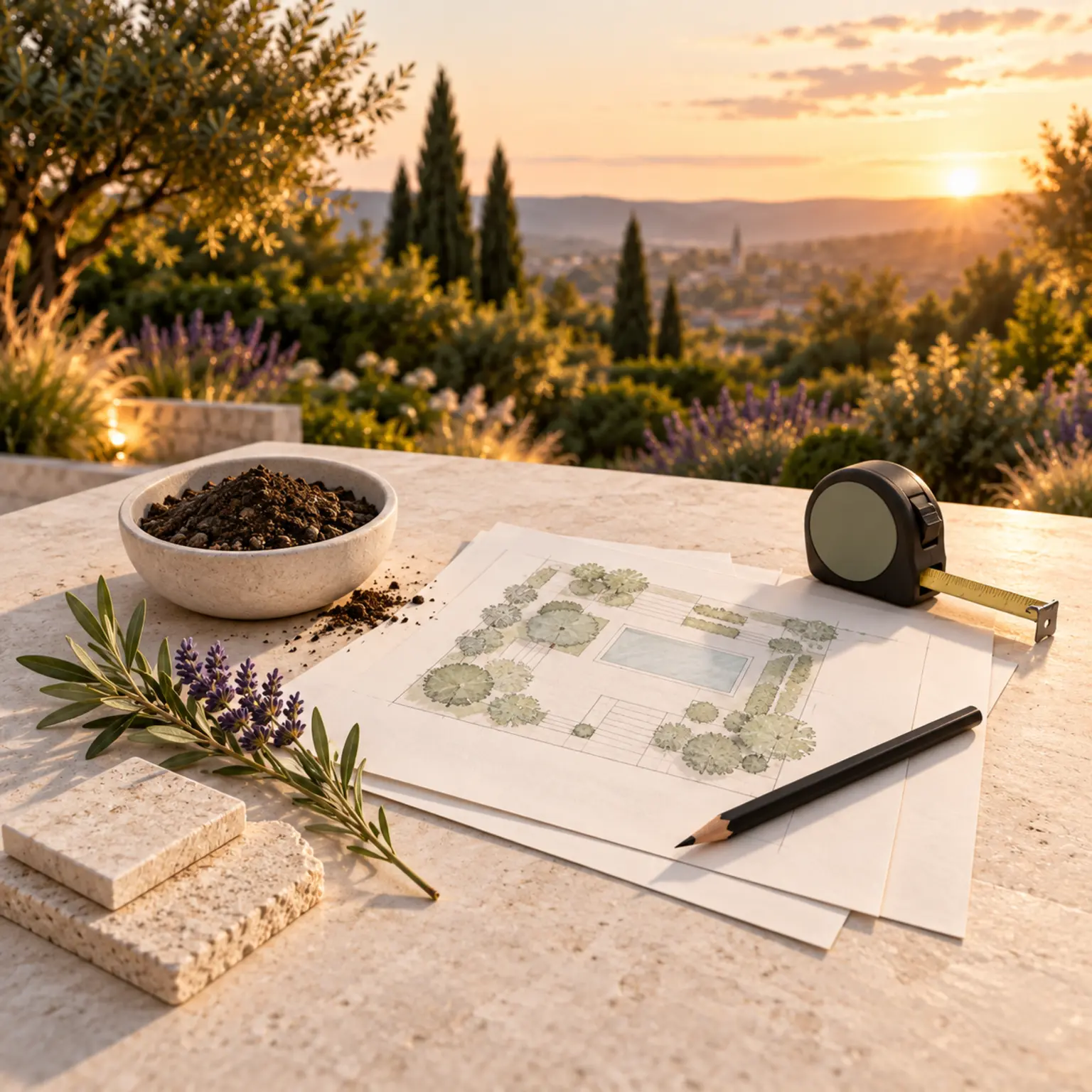 3D-Illustration einer Gartenberatung am Tisch mit Pflanzenmustern und skizziertem Lageplan.