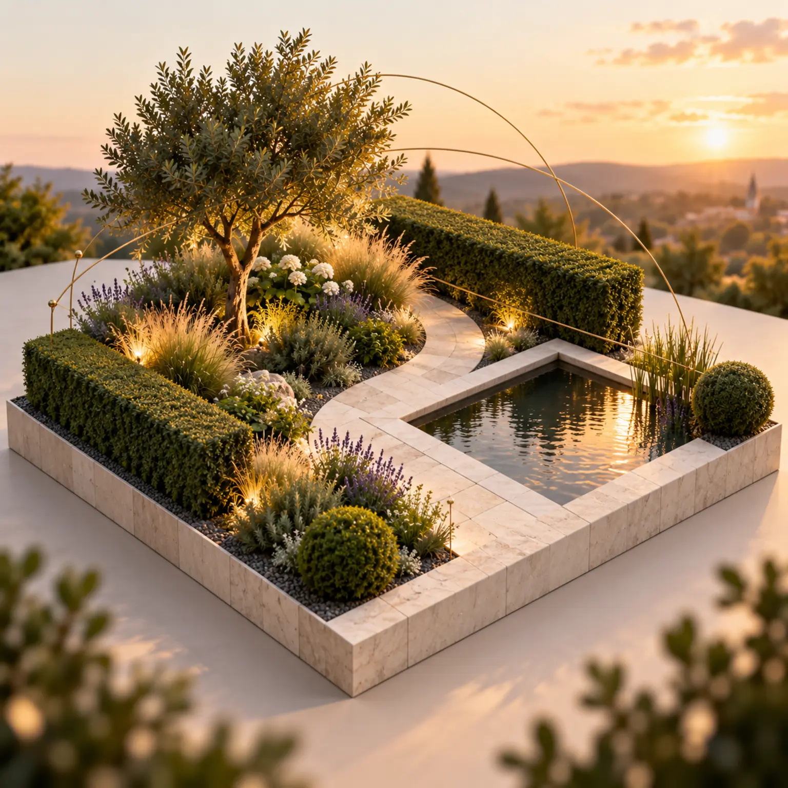 Isometrische 3D-Gartenplanung mit Wegen, Terrasse, Baum und modellierten Pflanzbeeten.