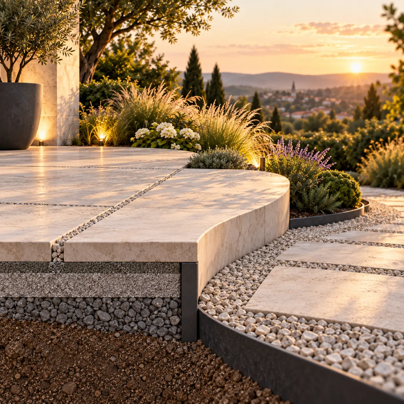 3D-Schnittmodell einer modernen Gartenterrasse mit Naturstein, Sitzplatz und bepflanzten Ebenen.