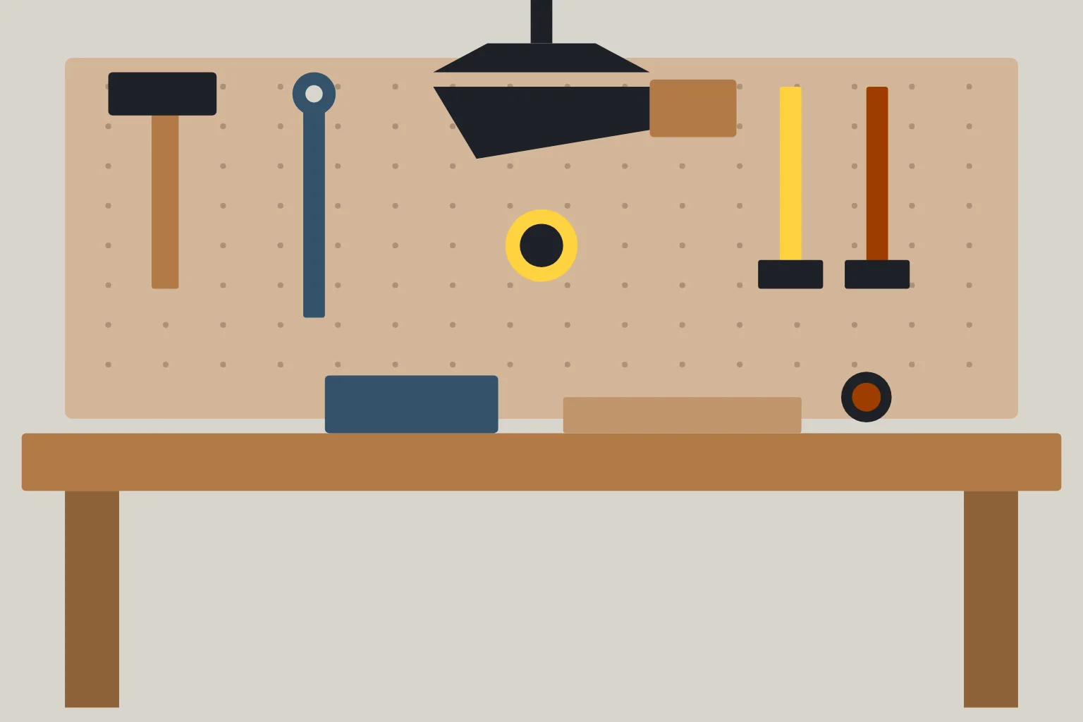 Illustration: Werkstatt mit Werkbank, Lochwand voller Werkzeug und Deckenlampe