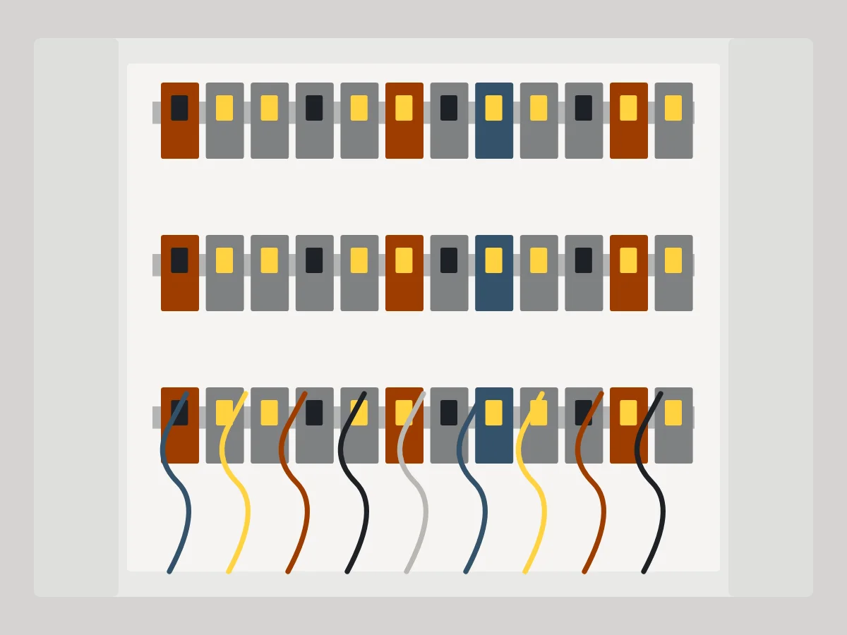 Illustration: Geöffneter Zählerschrank mit Sicherungen und farbigen Leitungen