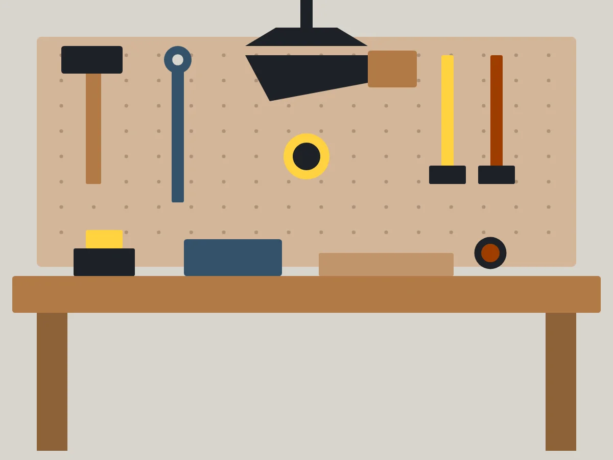 Illustration: Werkbank mit Zange, Schraubendreher und Kabelrolle
