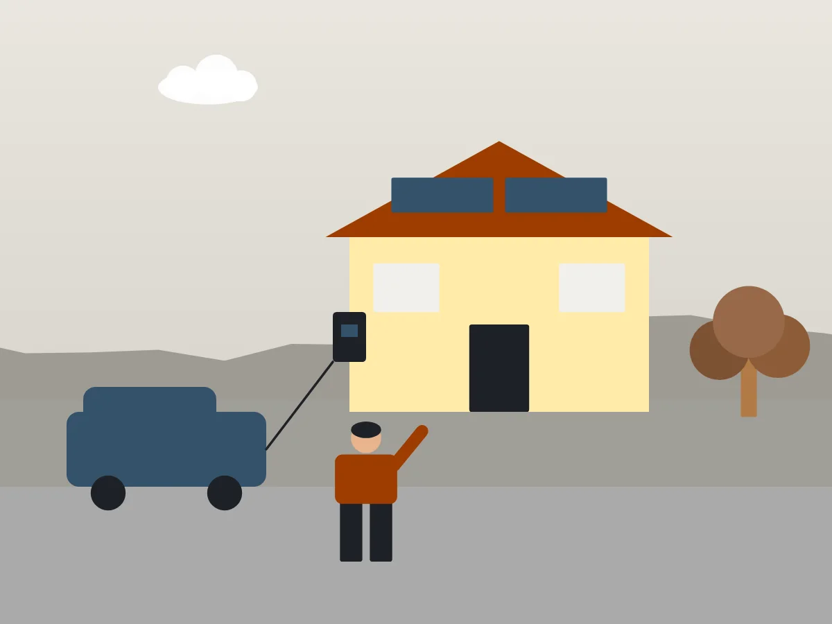 Illustration: Haus mit Solarmodulen auf dem Dach und Wallbox an der Garage