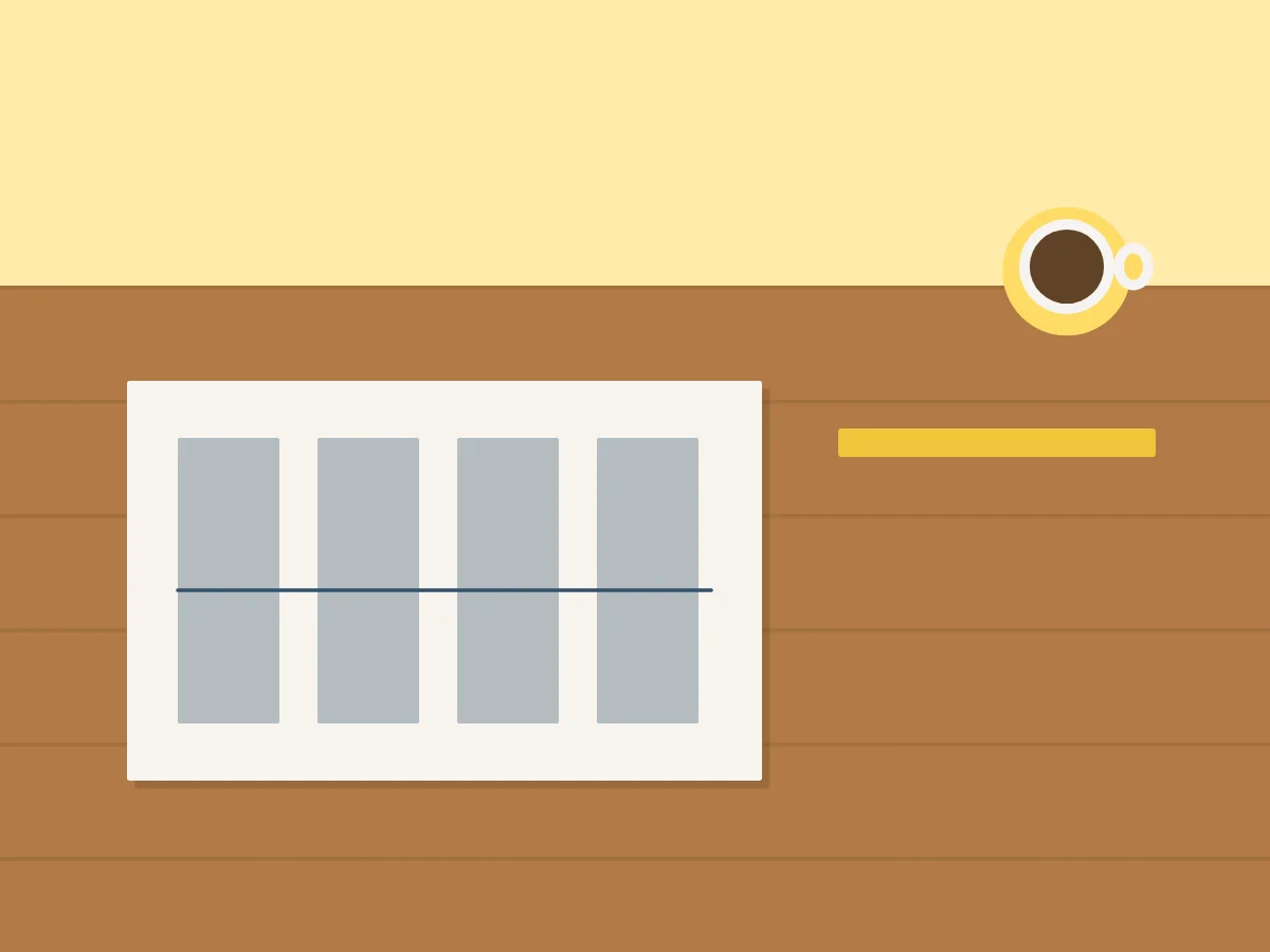 Illustration: Schreibtisch mit Bauplan, Zollstock und Kaffeebecher