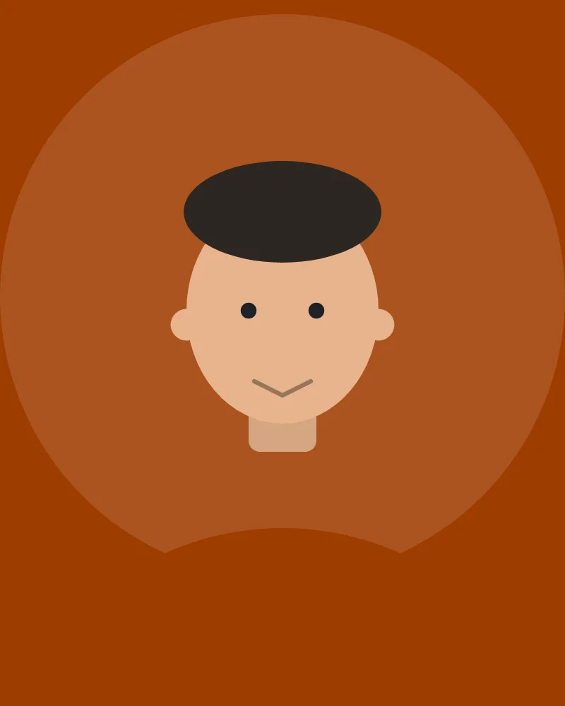 Stilisiertes Portrait: Person mit Arbeitsjacke vor rostrotem Hintergrund