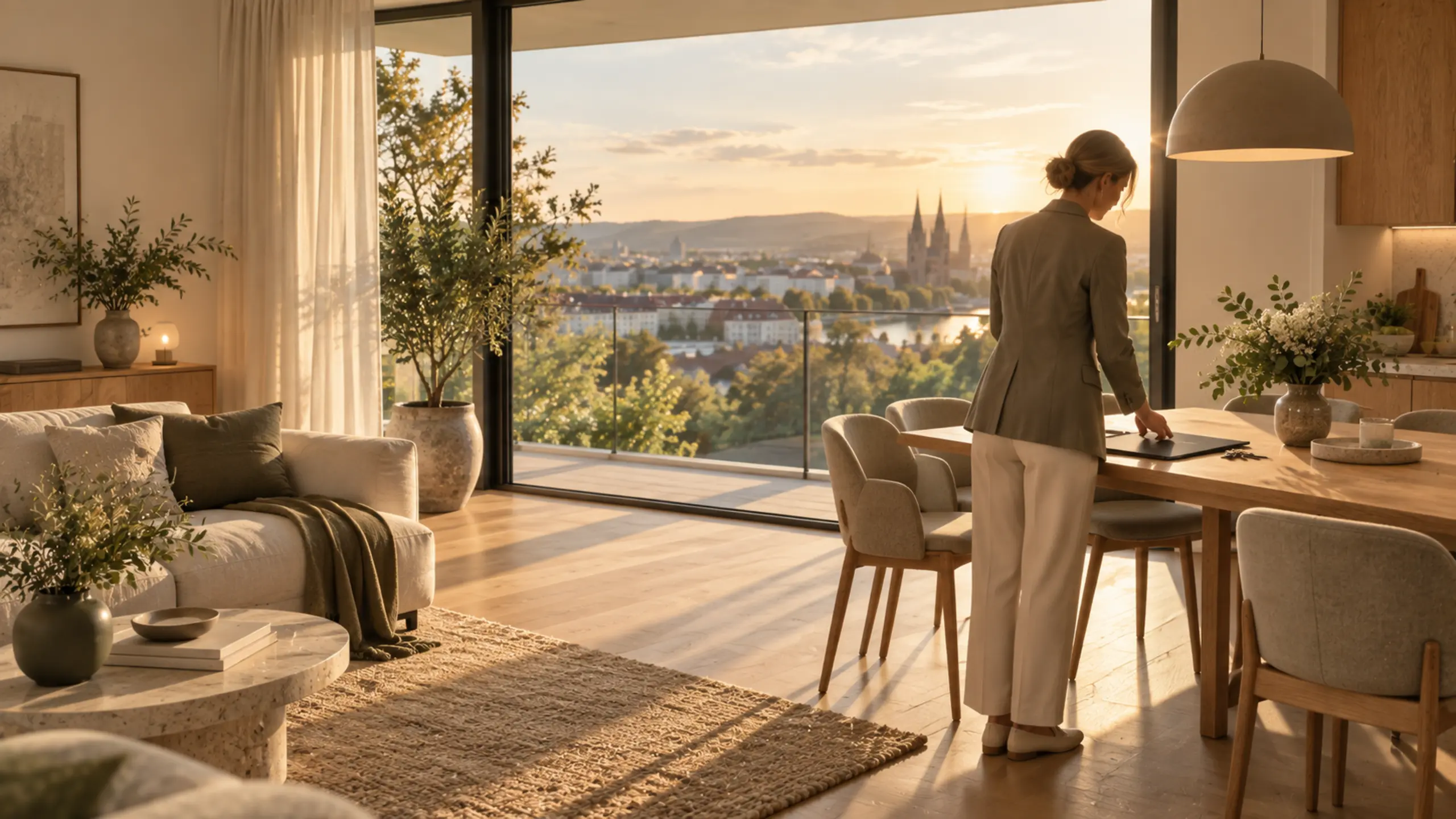 Fiktive Immobilienberaterin bereitet in einer hellen Wohnung eine Besichtigung vor.