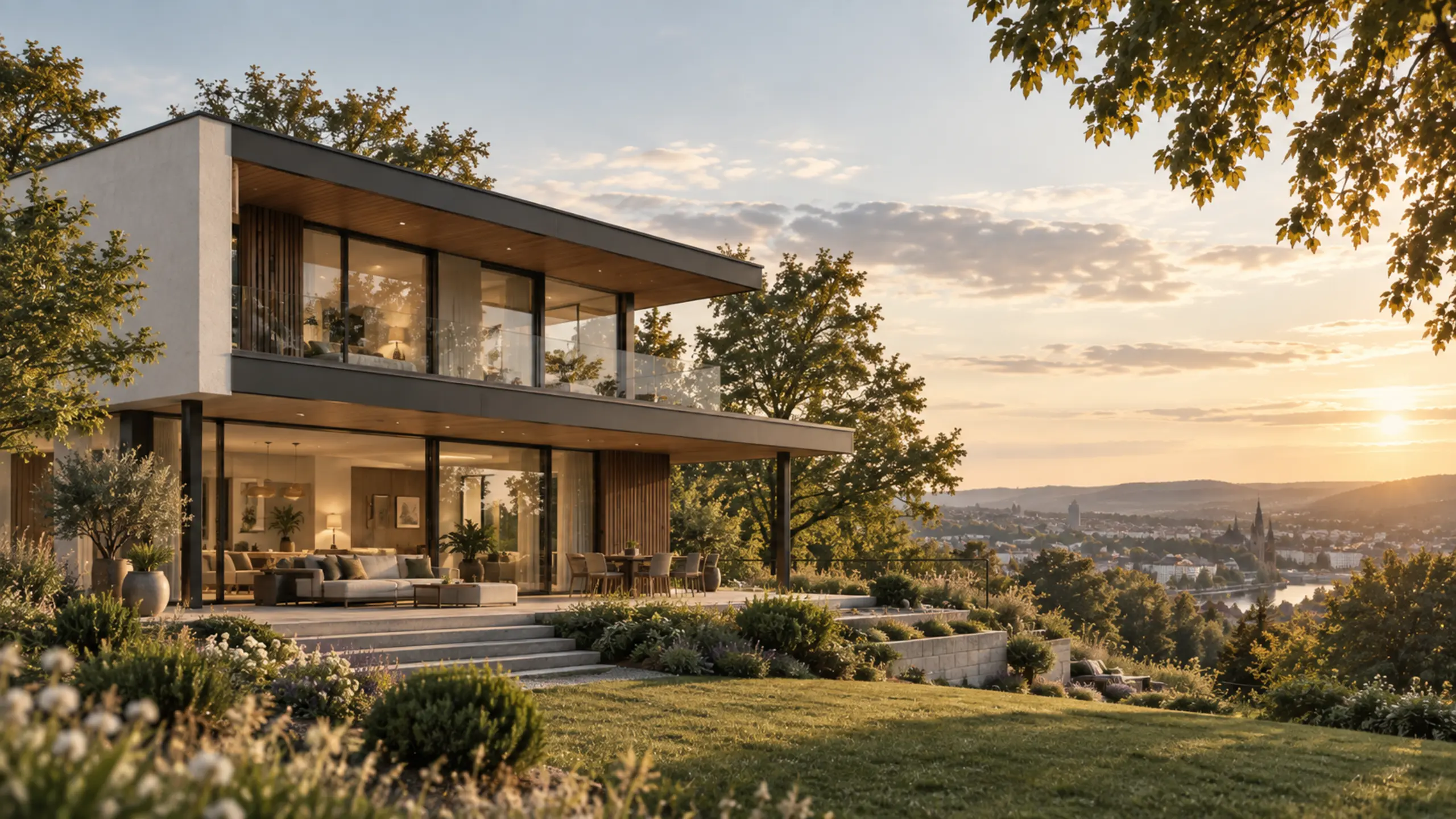 Modernes Haus am grünen Stadtrand in warmer Abendsonne.