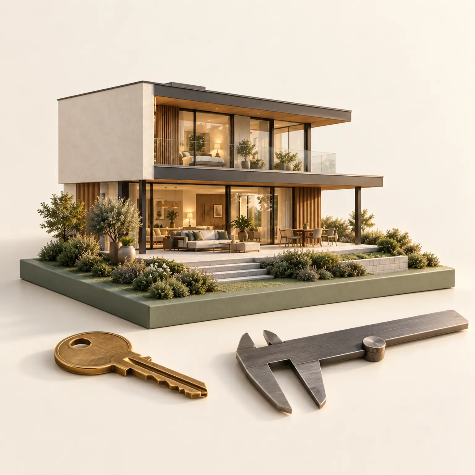 Architekturmodell mit Schlüssel und Messschieber als Symbol für Immobilienbewertung.