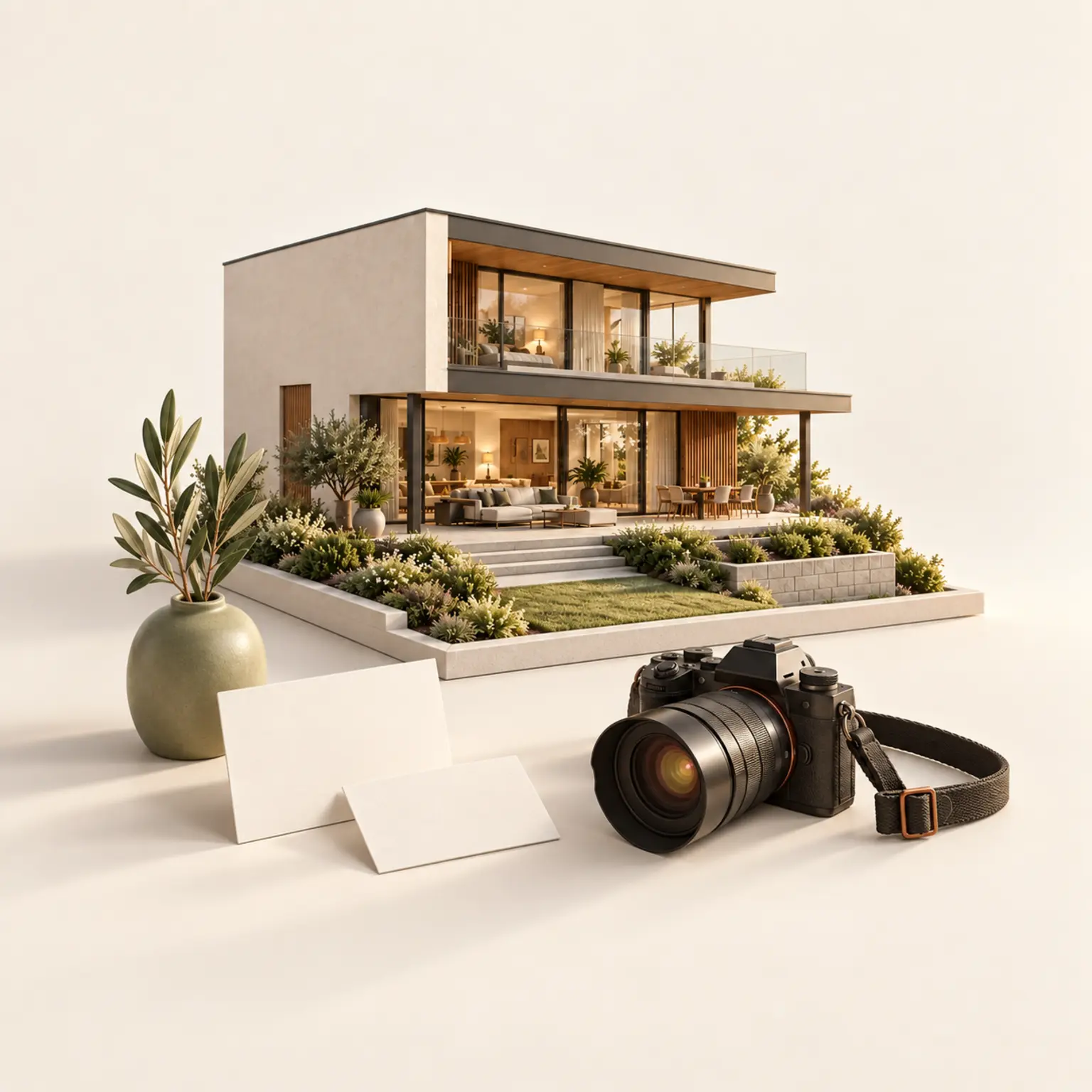 Architekturmodell mit Kamera und leeren Präsentationskarten für hochwertige Vermarktung.