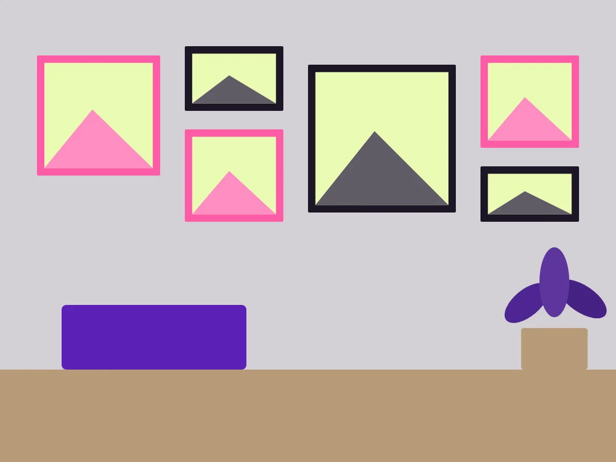 Illustration: Wand mit gerahmten Bildern in verschiedenen Formaten