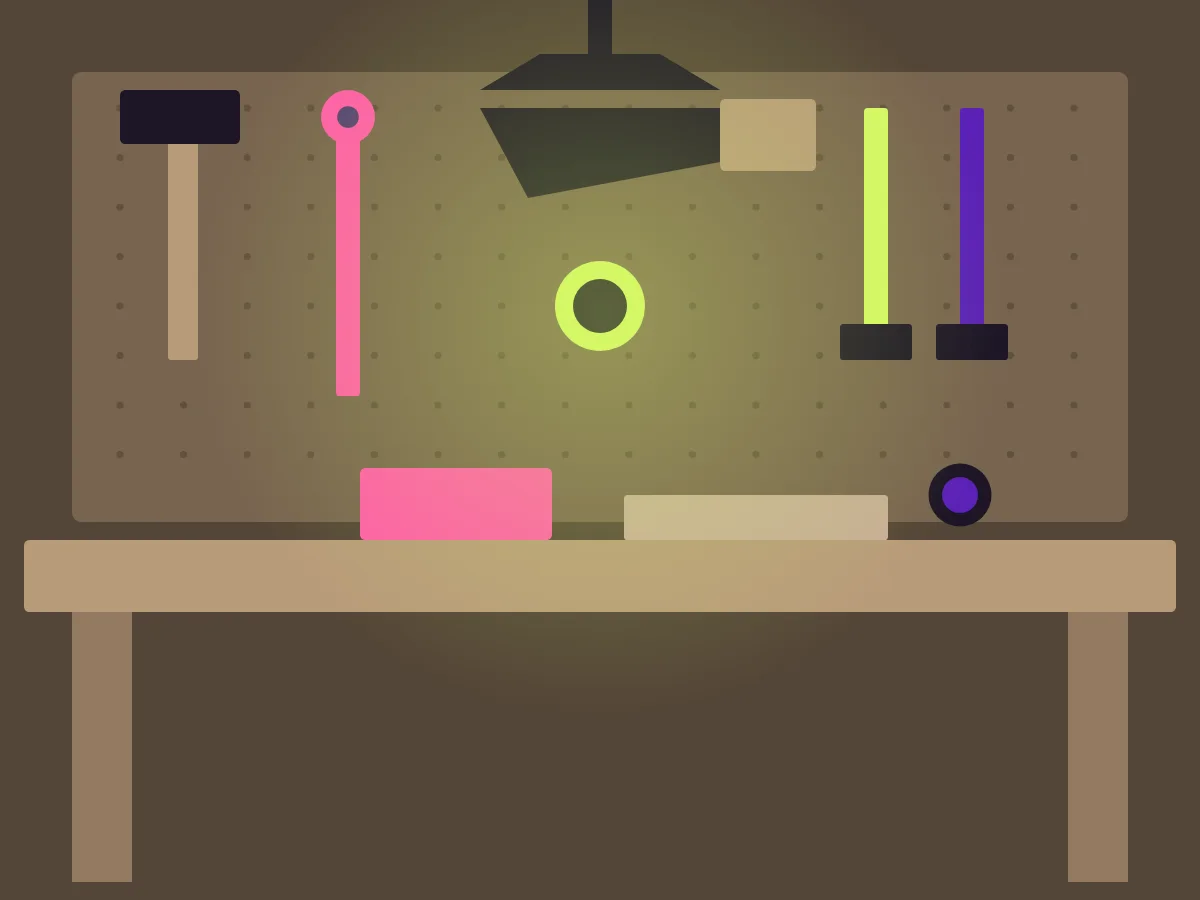 Illustration: Werkbank im Abendlicht mit Werkzeug und Holzspänen