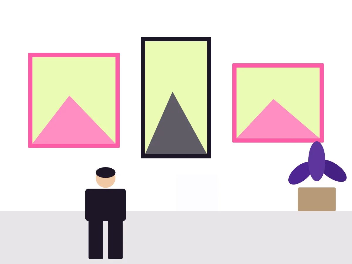 Illustration: Ausstellungsraum mit großen Bildern an weißen Wänden