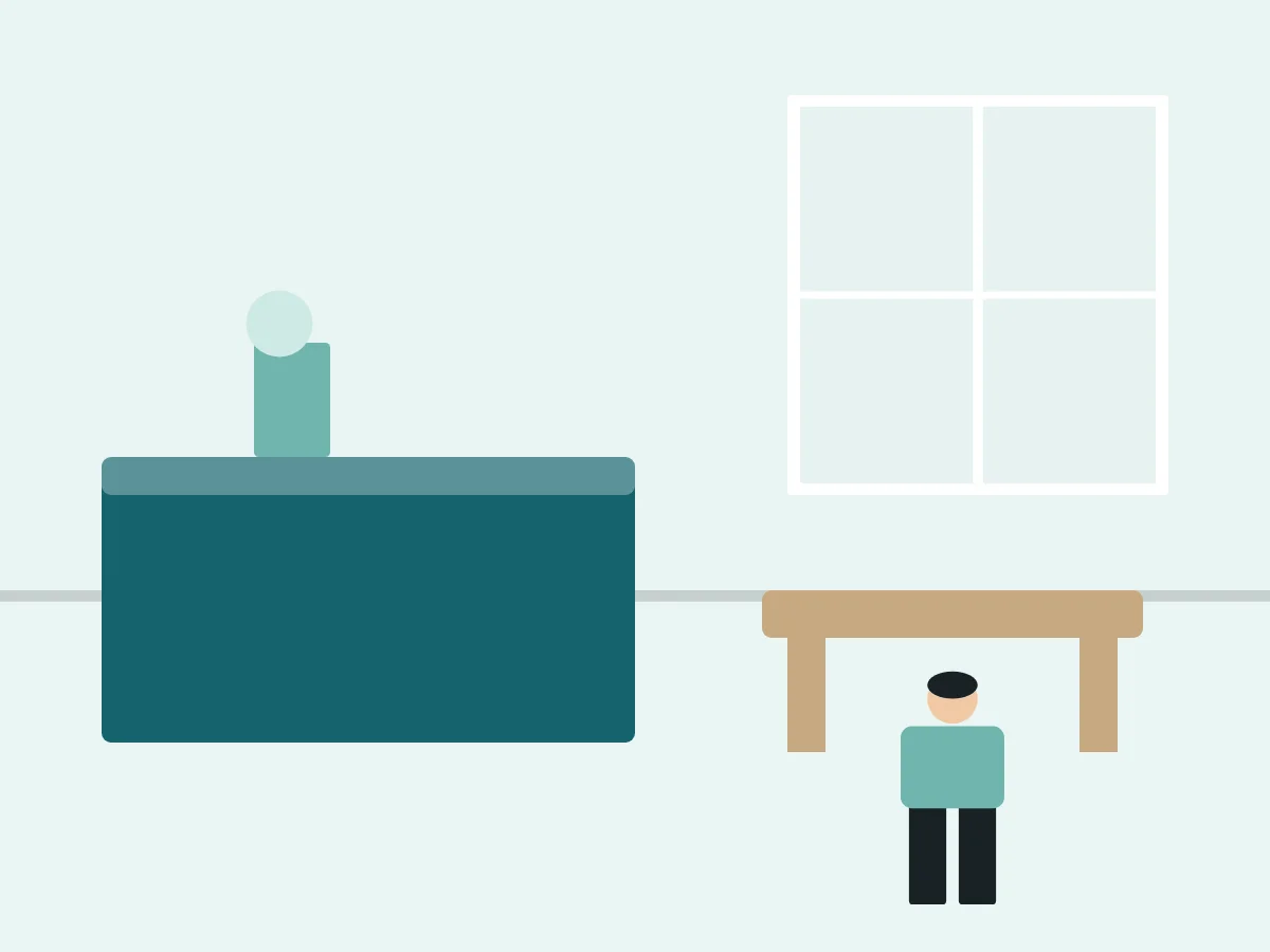 Illustration: Empfangstresen mit Blumenvase und Wartebereich