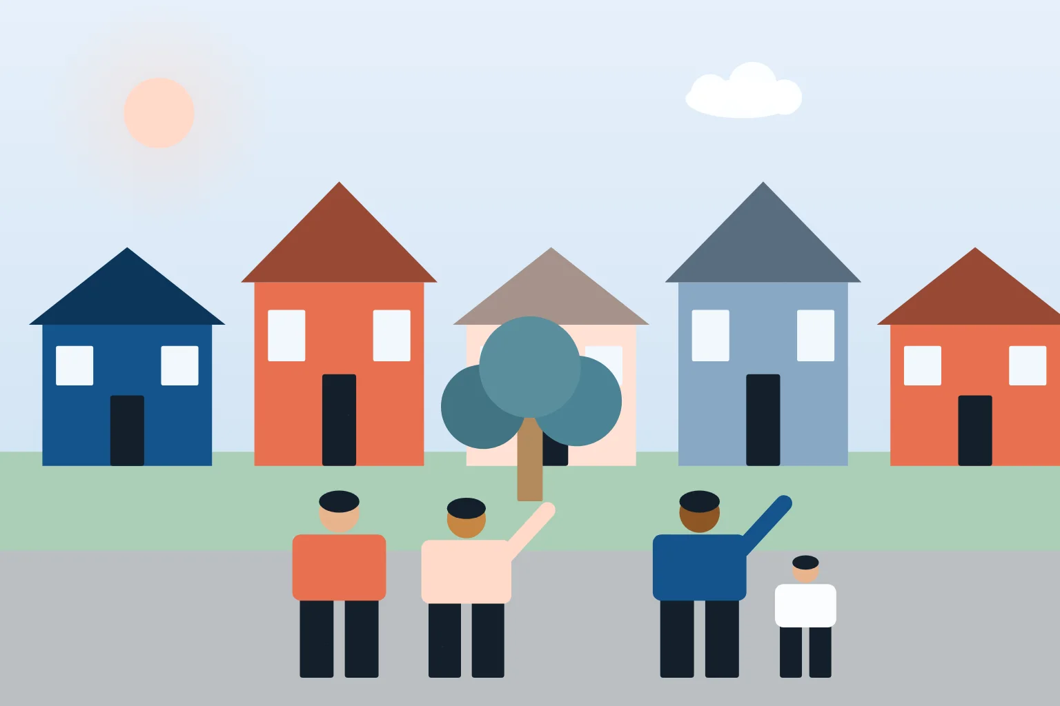 Illustration: Straße mit bunten Häusern, einem Baum und Menschen, die miteinander sprechen