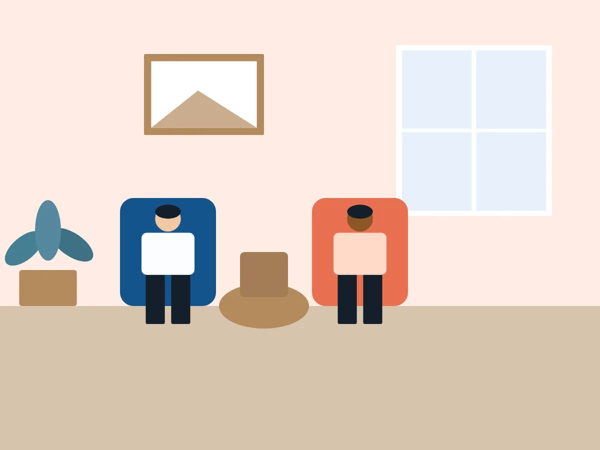 Illustration: Beratungsraum mit zwei Sesseln, Tisch, Pflanze und Fenster