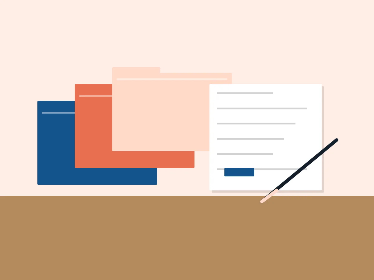 Illustration: Stapel Ordner und Formulare mit einem Stift auf einem Tisch