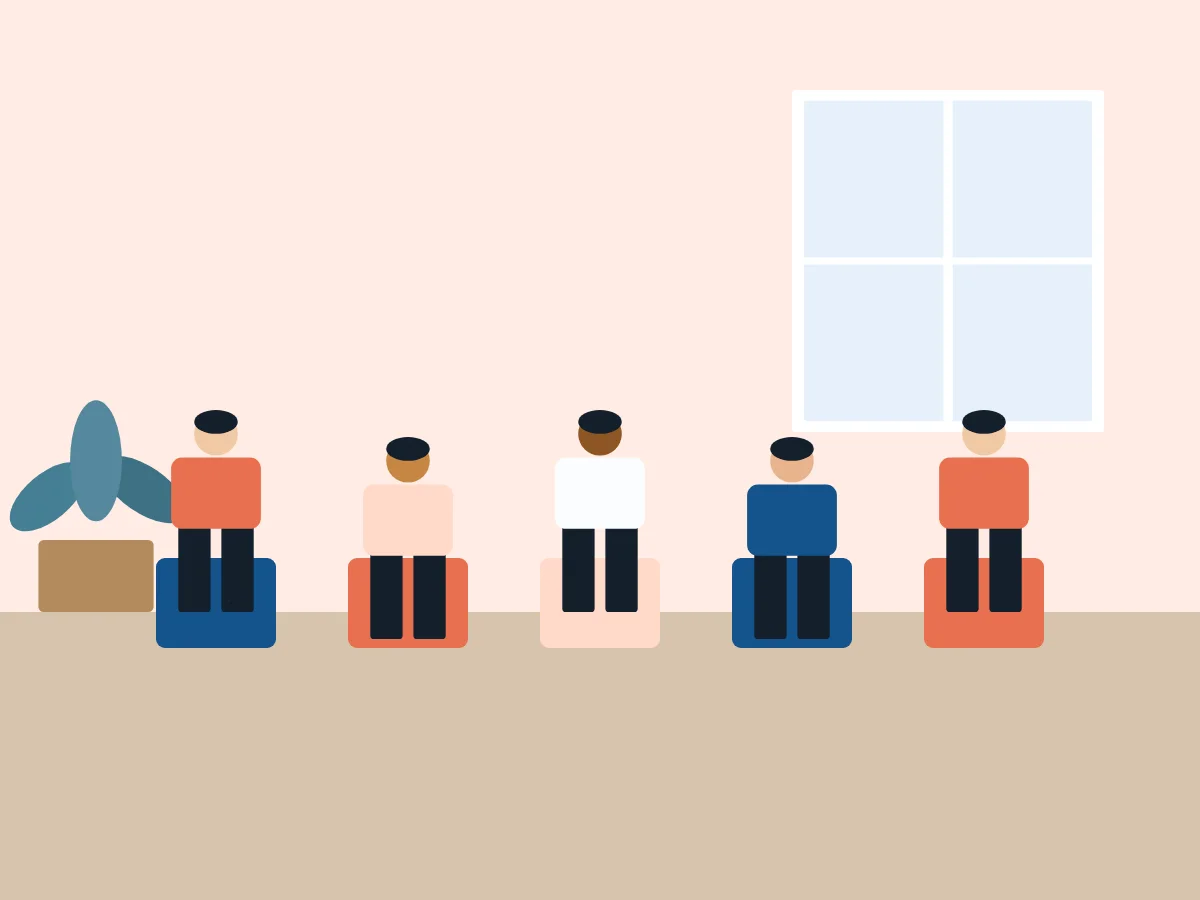 Illustration: Gruppe von Menschen im Stuhlkreis in einem hellen Raum