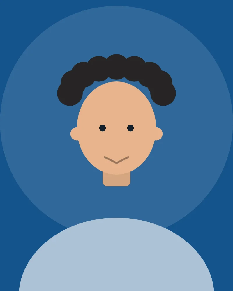 Stilisiertes Portrait: Person mit lockigem Haar vor blauem Hintergrund