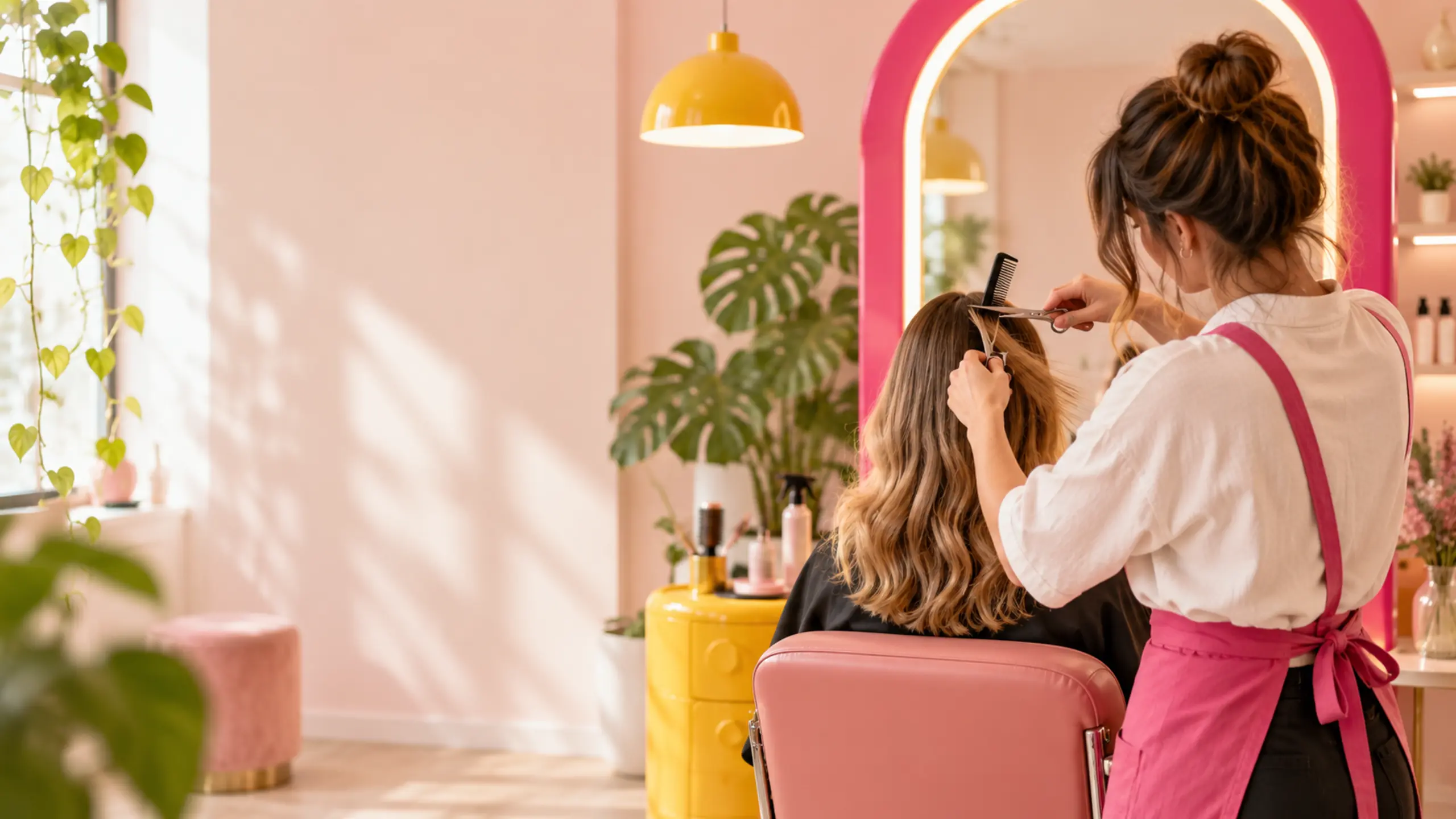 Fiktive Stylistin berät eine Kundin von hinten in einem hellen, warmen Salon.