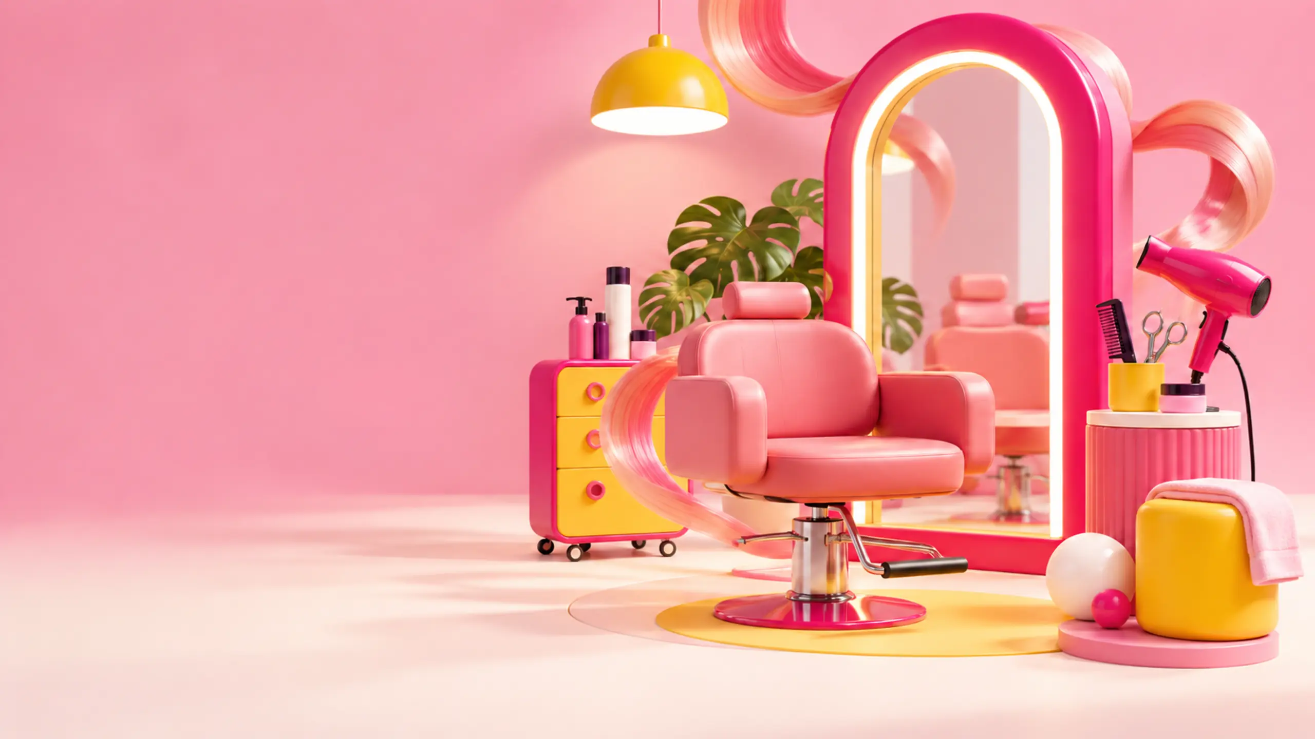 Verspielte pink-gelbe 3D-Salonszene mit Frisierstuhl, beleuchtetem Spiegel, Föhn und Schere.