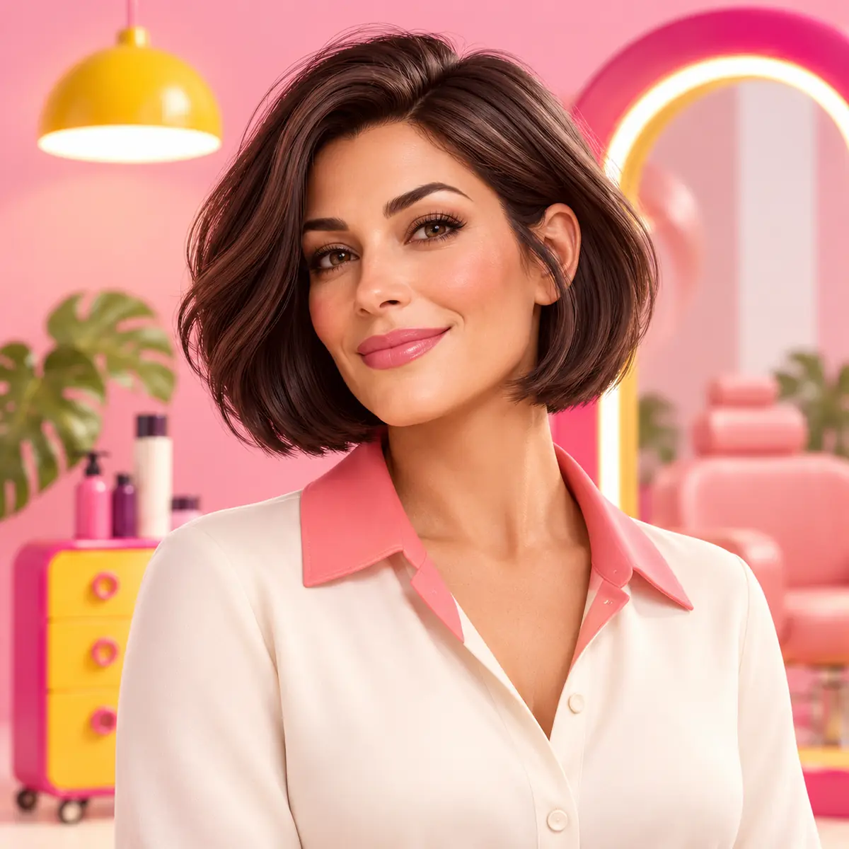 Fiktives Team-Porträt von Mara mit dunklem Bob vor einer pinken Salonkulisse.