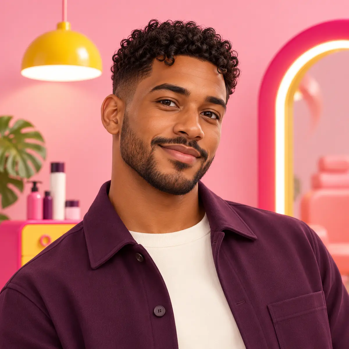 Fiktives Team-Porträt von Noah mit kurzen Locken und pflaumenfarbener Jacke im Salon.
