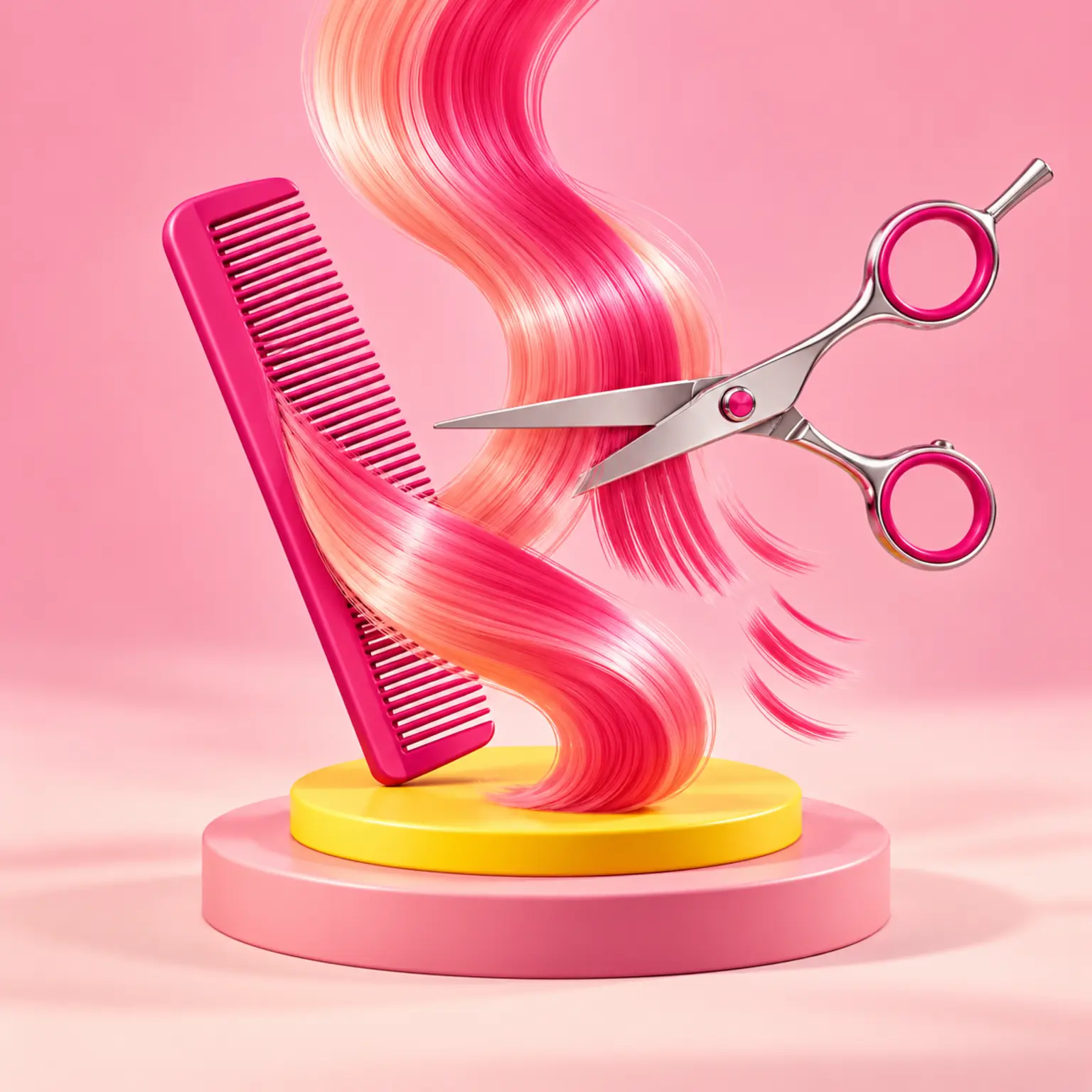 Präzise 3D-Schere und Kamm neben einer geschwungenen pinken Haarsträhne.