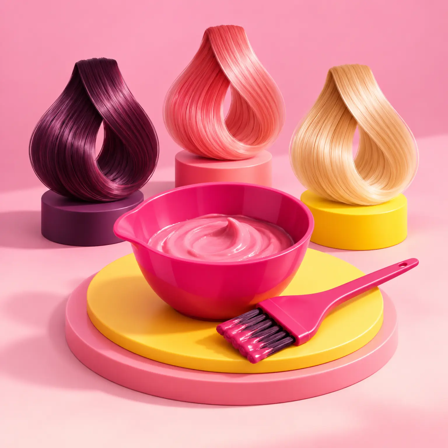 3D-Färbeschale mit Pinsel und drei plastischen Haarsträhnen in Pflaume, Koralle und Blond.