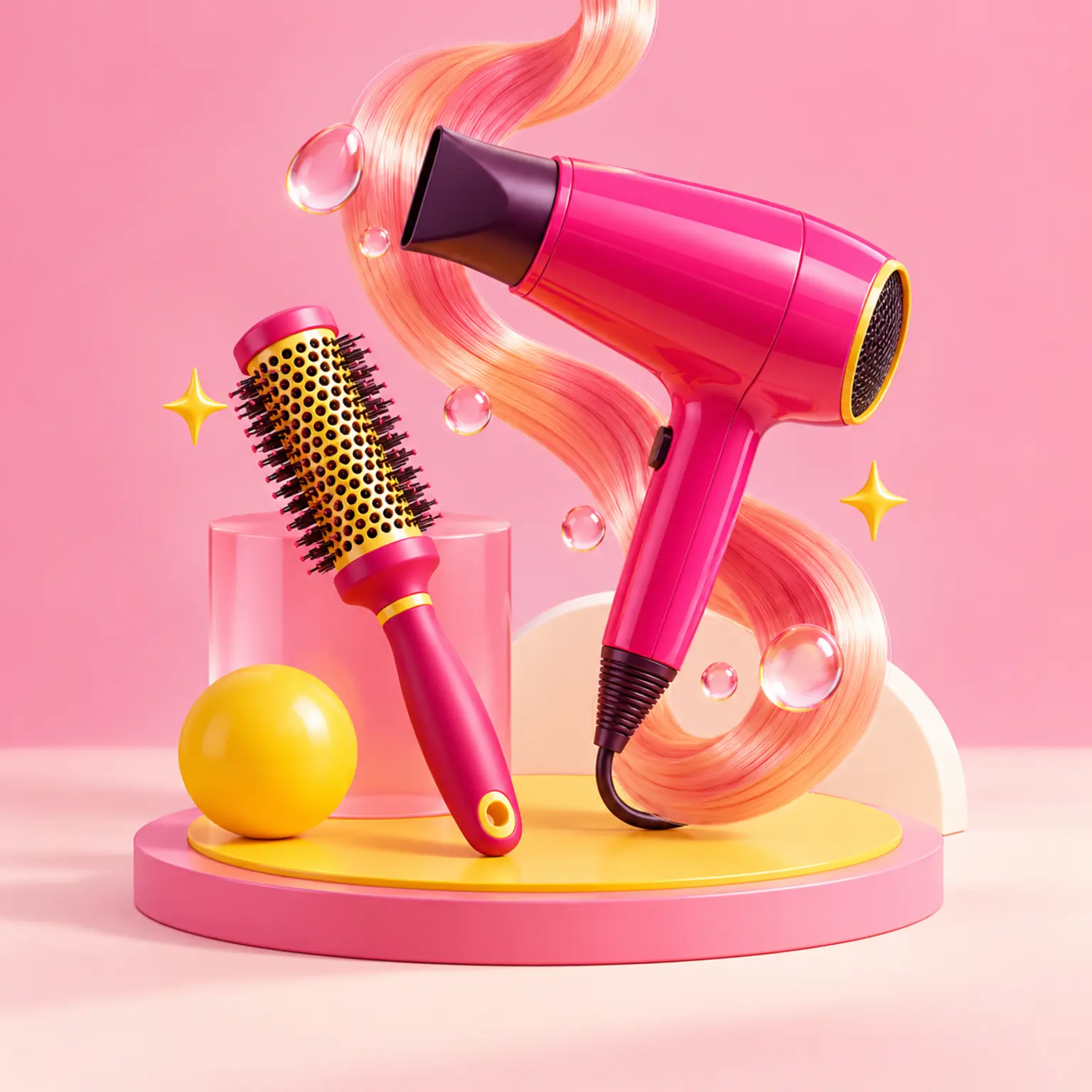 Pink-gelbes 3D-Arrangement aus Föhn, Rundbürste, Haarwellen und schimmernden Blasen.